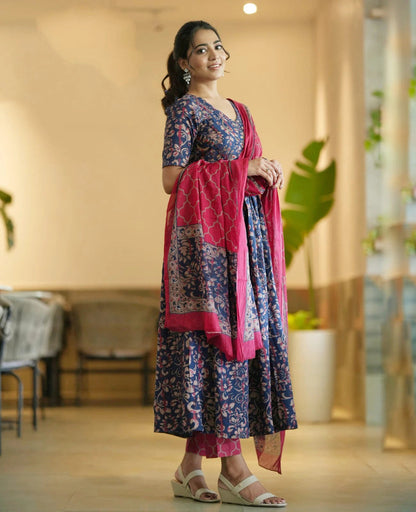 Navy Blue Rayon Printed Kurti Pant Dupatta Set