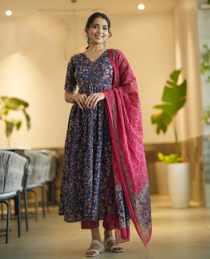 Navy Blue Rayon Printed Kurti Pant Dupatta Set