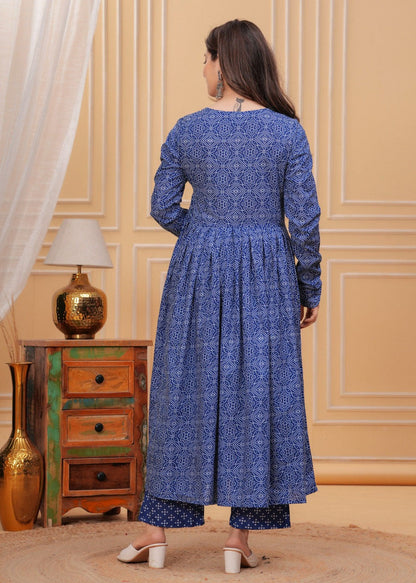 Blue Rayon Printed Kurti Pant Dupatta Set