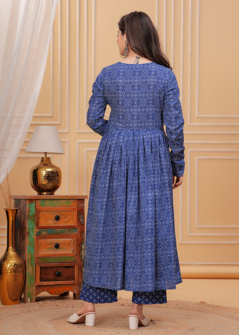 Blue Rayon Printed Kurti Pant Dupatta Set