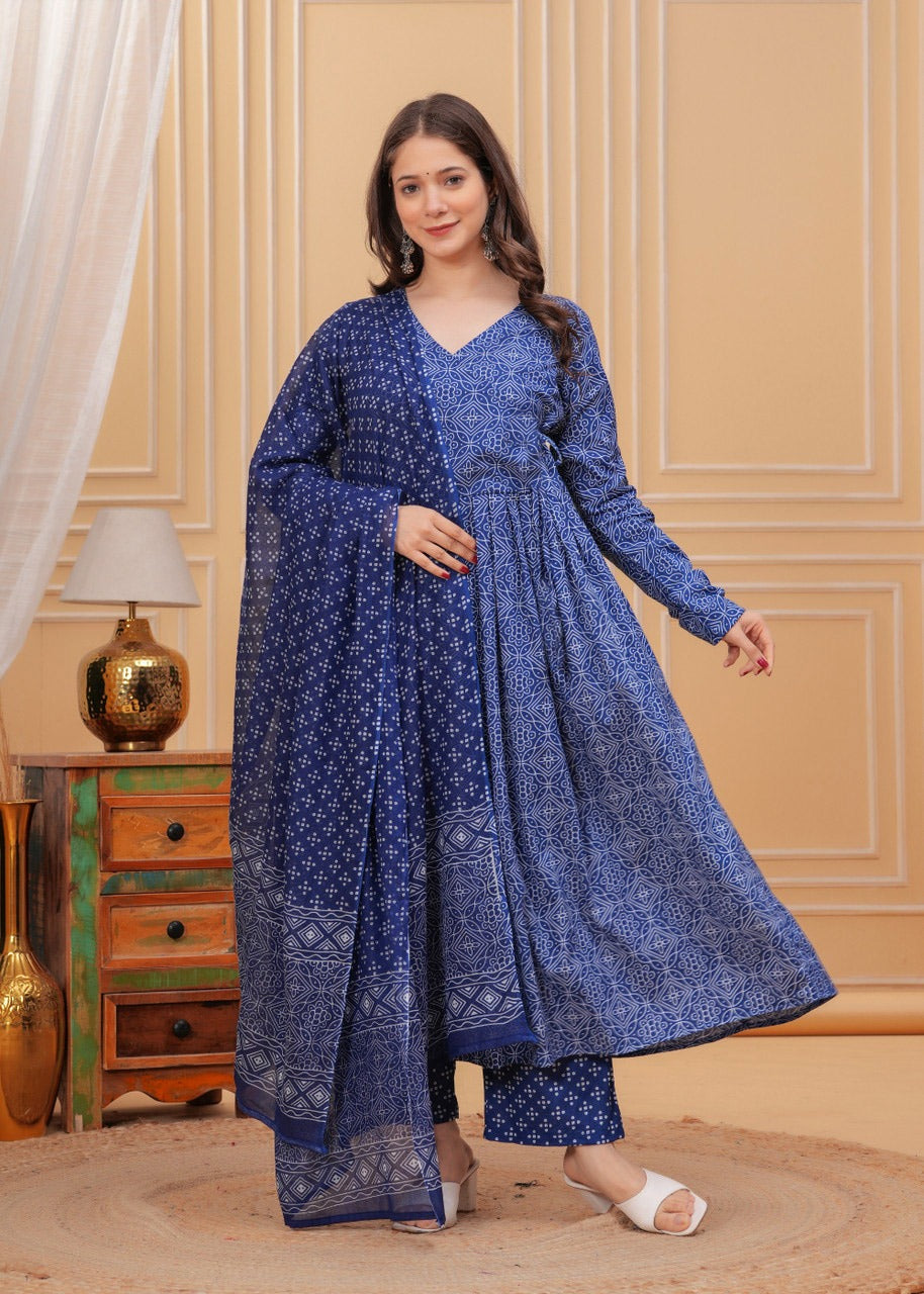 Blue Rayon Printed Kurti Pant Dupatta Set