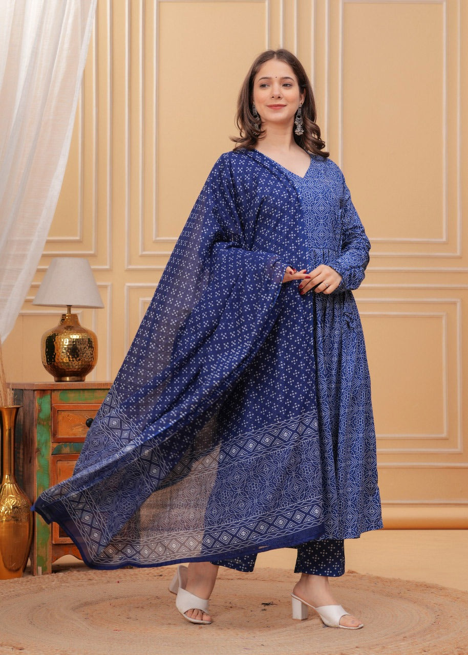 Blue Rayon Printed Kurti Pant Dupatta Set