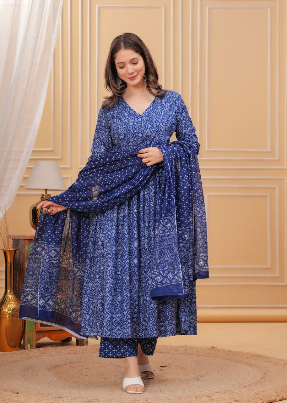 Blue Rayon Printed Kurti Pant Dupatta Set