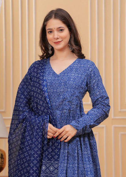 Blue Rayon Printed Kurti Pant Dupatta Set