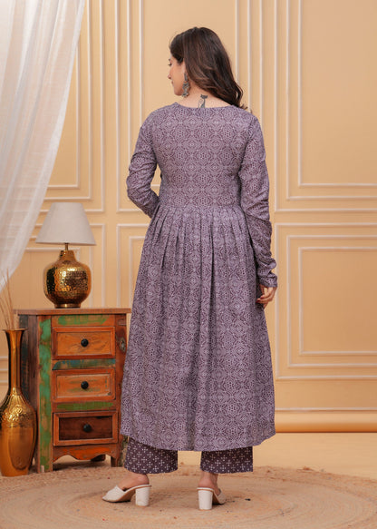 Purple Rayon Printed Kurti Pant Dupatta Set