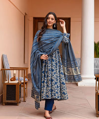 Navy Blue Rayon Printed Kurti Pant Dupatta Set
