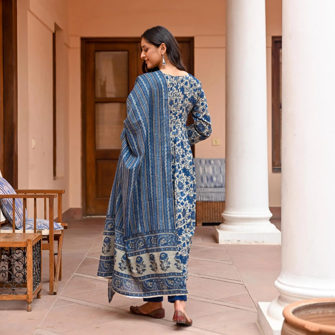 Navy Blue Rayon Printed Kurti Pant Dupatta Set