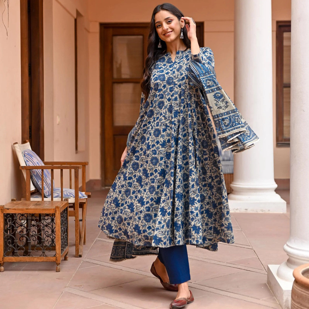 Navy Blue Rayon Printed Kurti Pant Dupatta Set