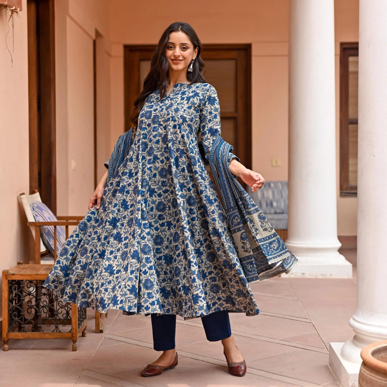 Navy Blue Rayon Printed Kurti Pant Dupatta Set