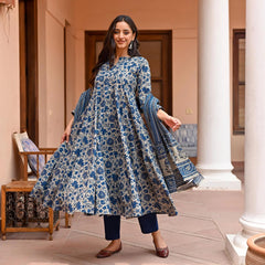 Navy Blue Rayon Printed Kurti Pant Dupatta Set