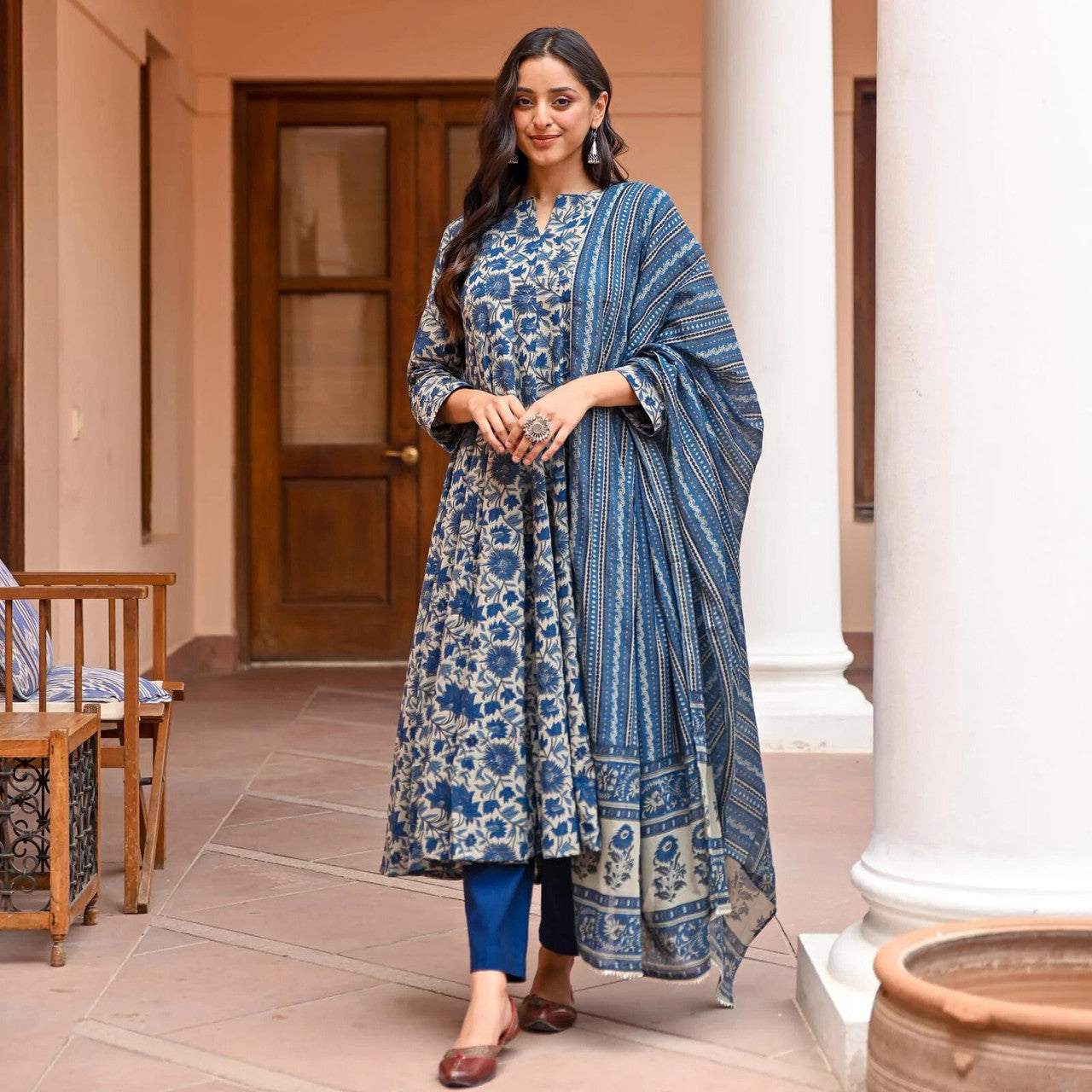 Navy Blue Rayon Printed Kurti Pant Dupatta Set