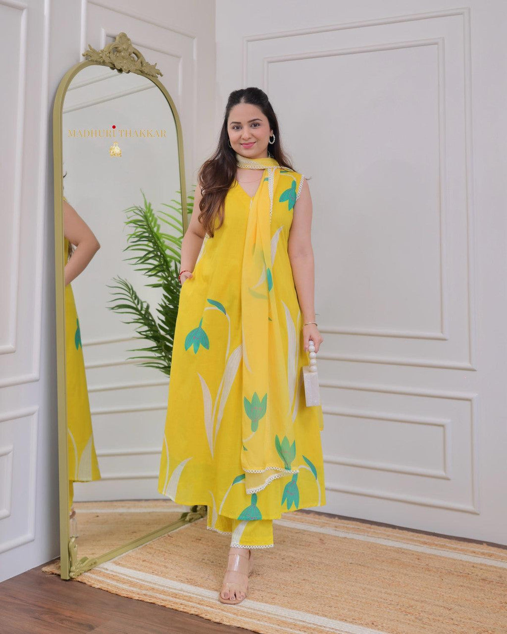 Yellow Rayon Printed Kurti Pant Dupatta Set