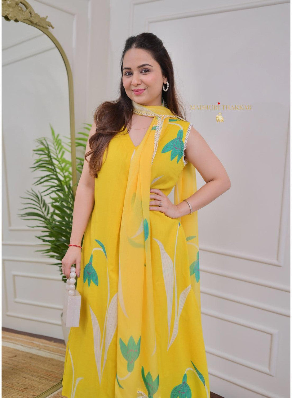 Yellow Rayon Printed Kurti Pant Dupatta Set