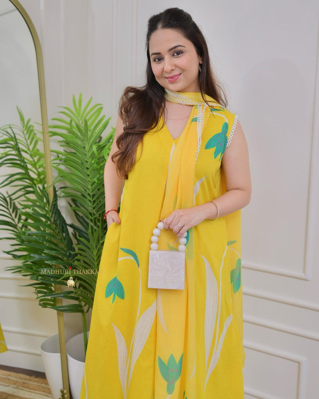 Yellow Rayon Printed Kurti Pant Dupatta Set