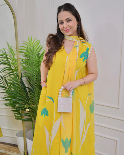 Yellow Rayon Printed Kurti Pant Dupatta Set