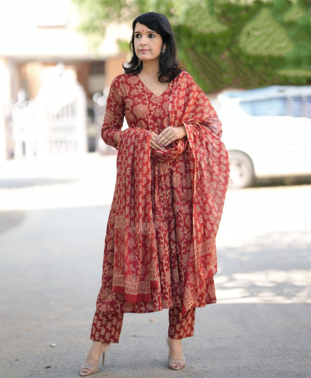 Maroon Rayon Printed Kurti Pant Dupatta Set
