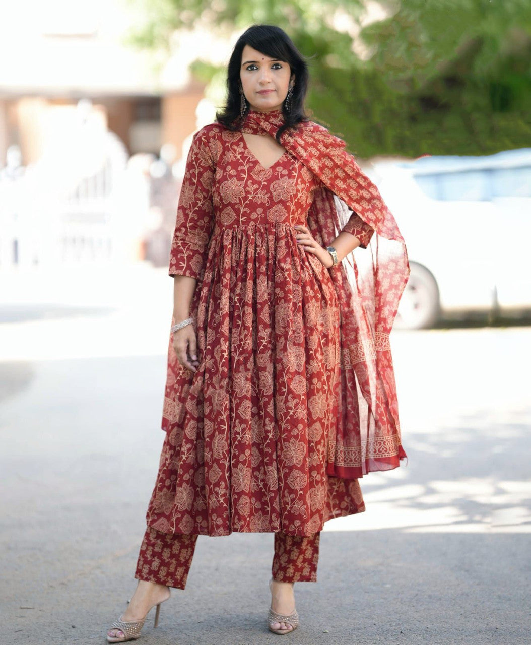Maroon Rayon Printed Kurti Pant Dupatta Set