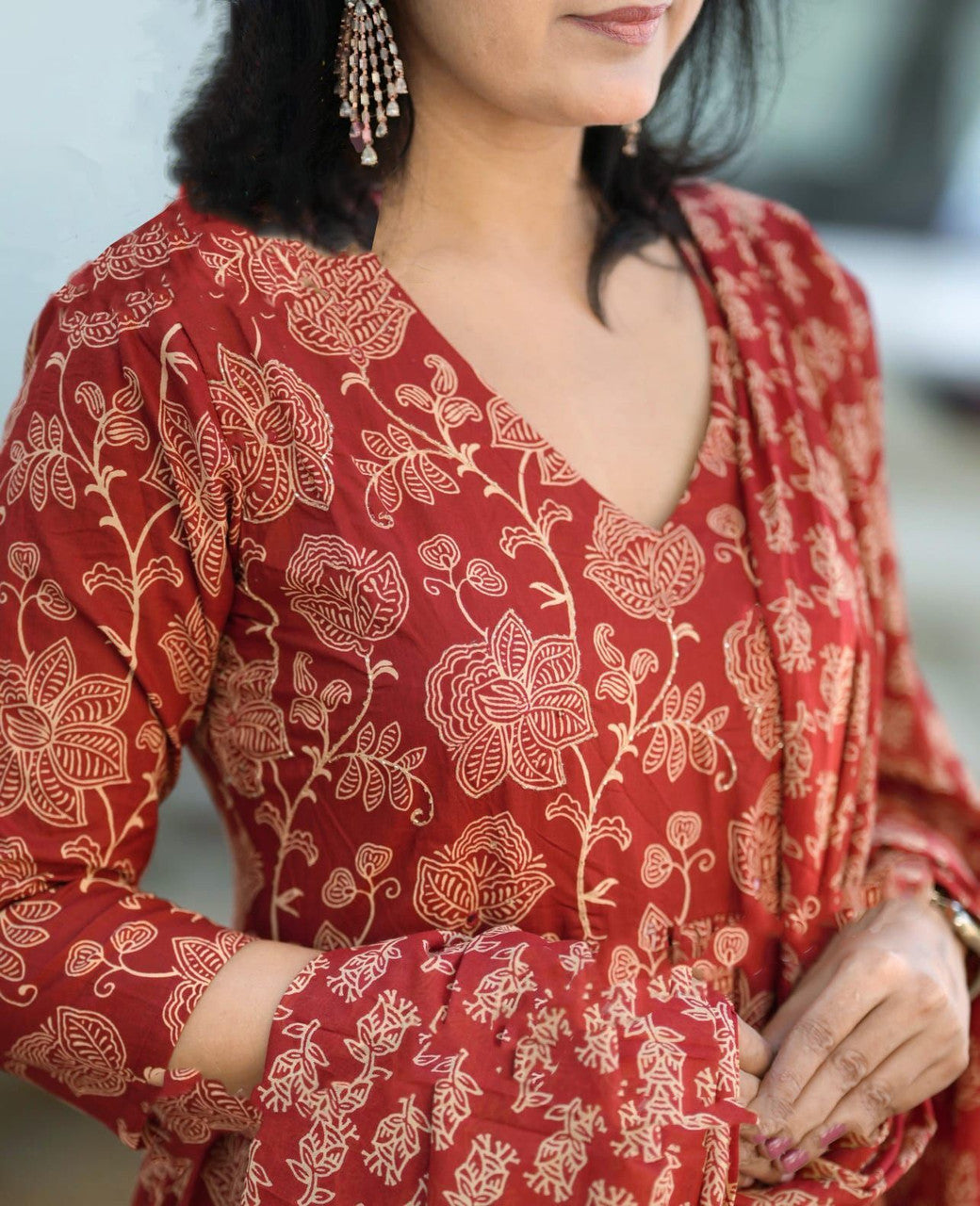 Maroon Rayon Printed Kurti Pant Dupatta Set