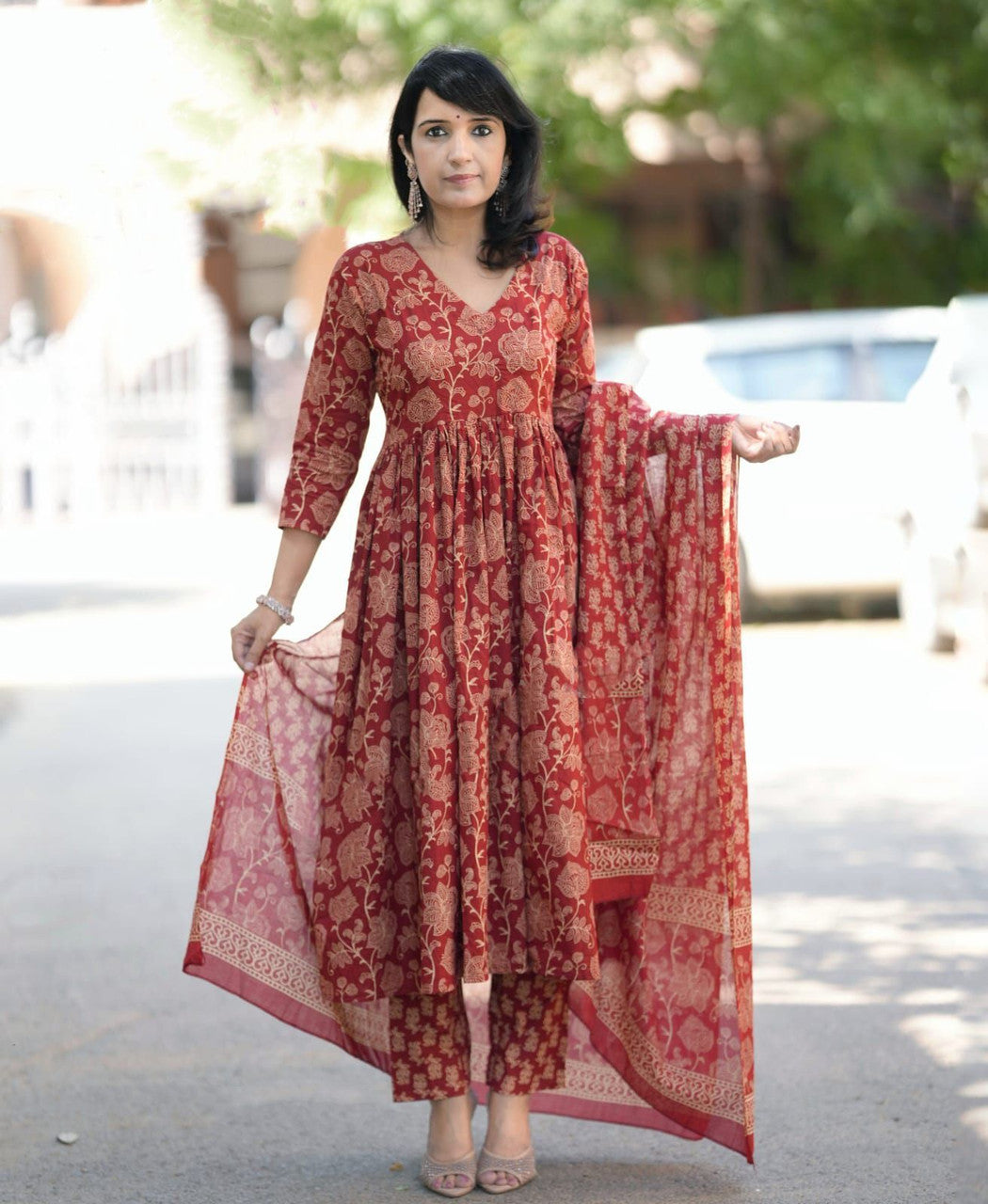Maroon Rayon Printed Kurti Pant Dupatta Set