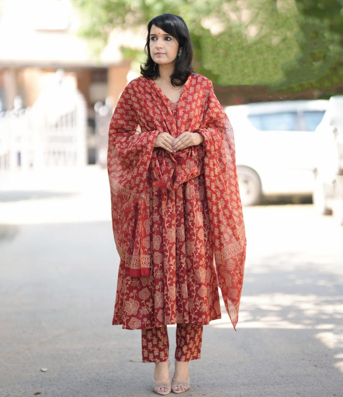 Maroon Rayon Printed Kurti Pant Dupatta Set