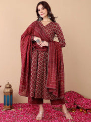 Maroon Rayon Printed Kurti Pant Dupatta Set