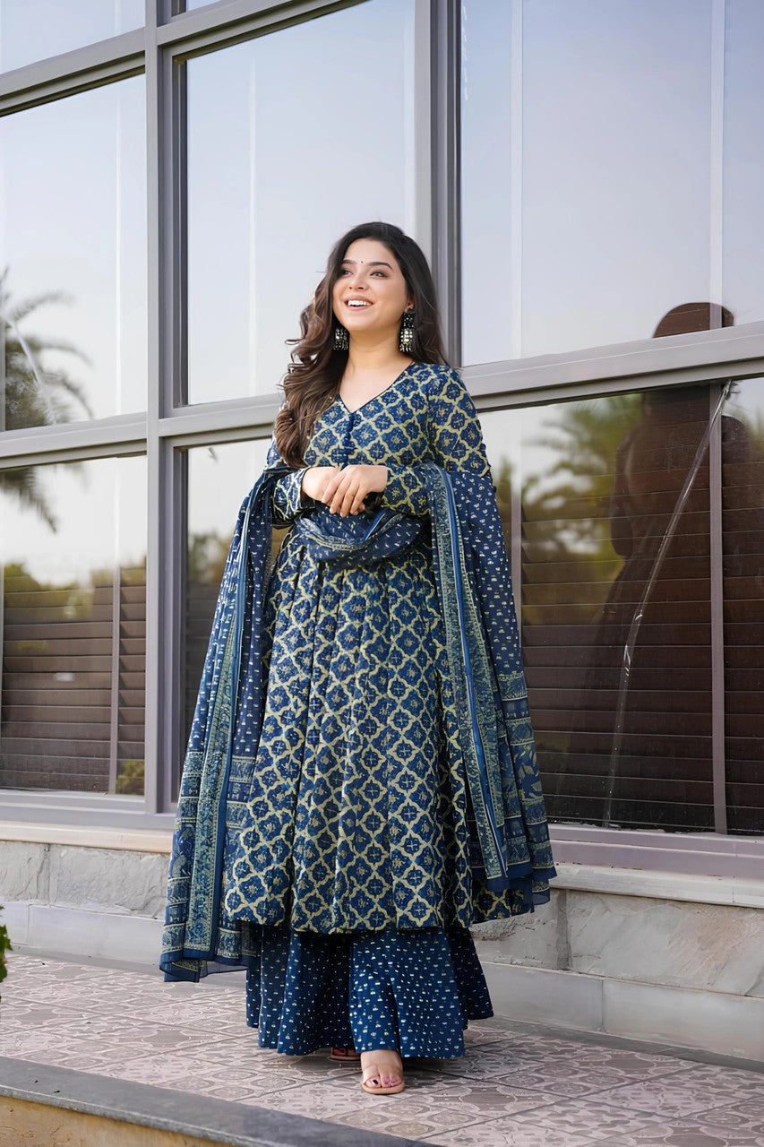 Navy Blue Rayon Printed Kurti Pant Dupatta Set