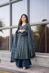 Navy Blue Rayon Printed Kurti Pant Dupatta Set