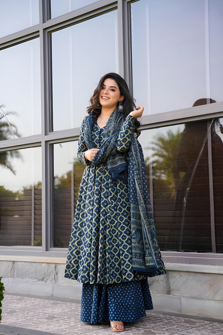 Navy Blue Rayon Printed Kurti Pant Dupatta Set