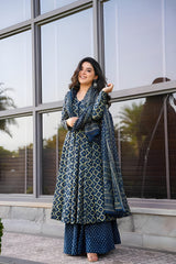 Navy Blue Rayon Printed Kurti Pant Dupatta Set