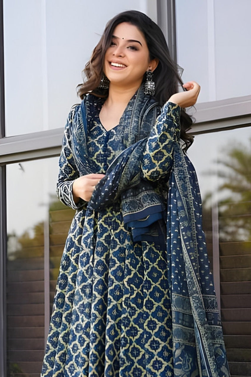 Navy Blue Rayon Printed Kurti Pant Dupatta Set