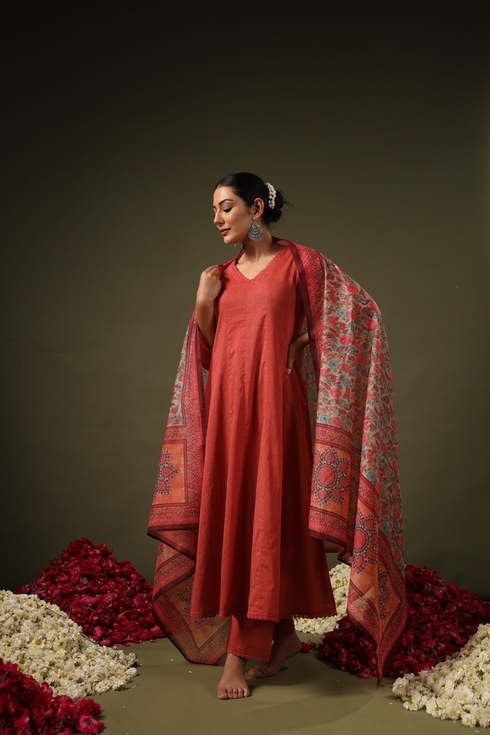 Rust Rayon Printed Kurti Pant Dupatta Set