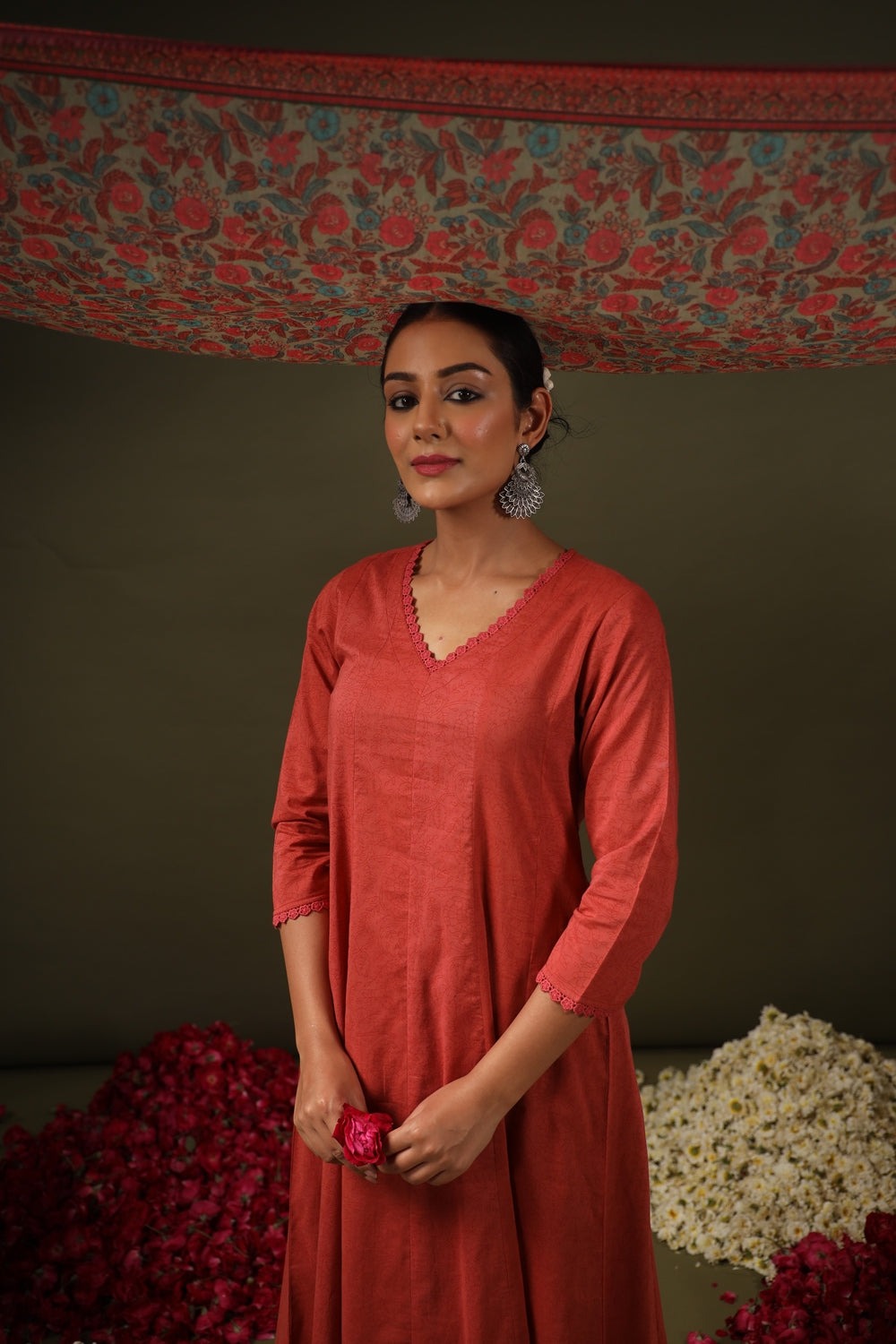 Rust Rayon Printed Kurti Pant Dupatta Set