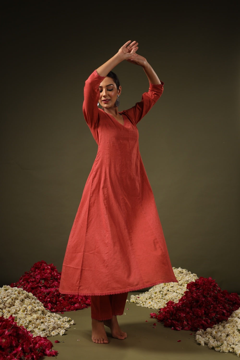 Rust Rayon Printed Kurti Pant Dupatta Set