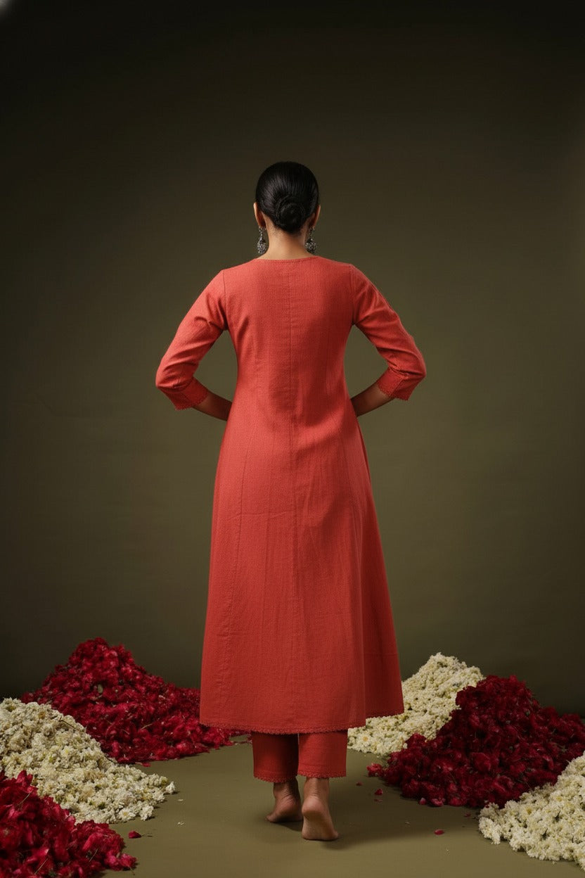 Rust Rayon Printed Kurti Pant Dupatta Set