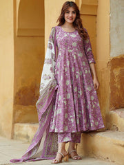 Lavender Rayon Printed Kurti Pant Dupatta Set