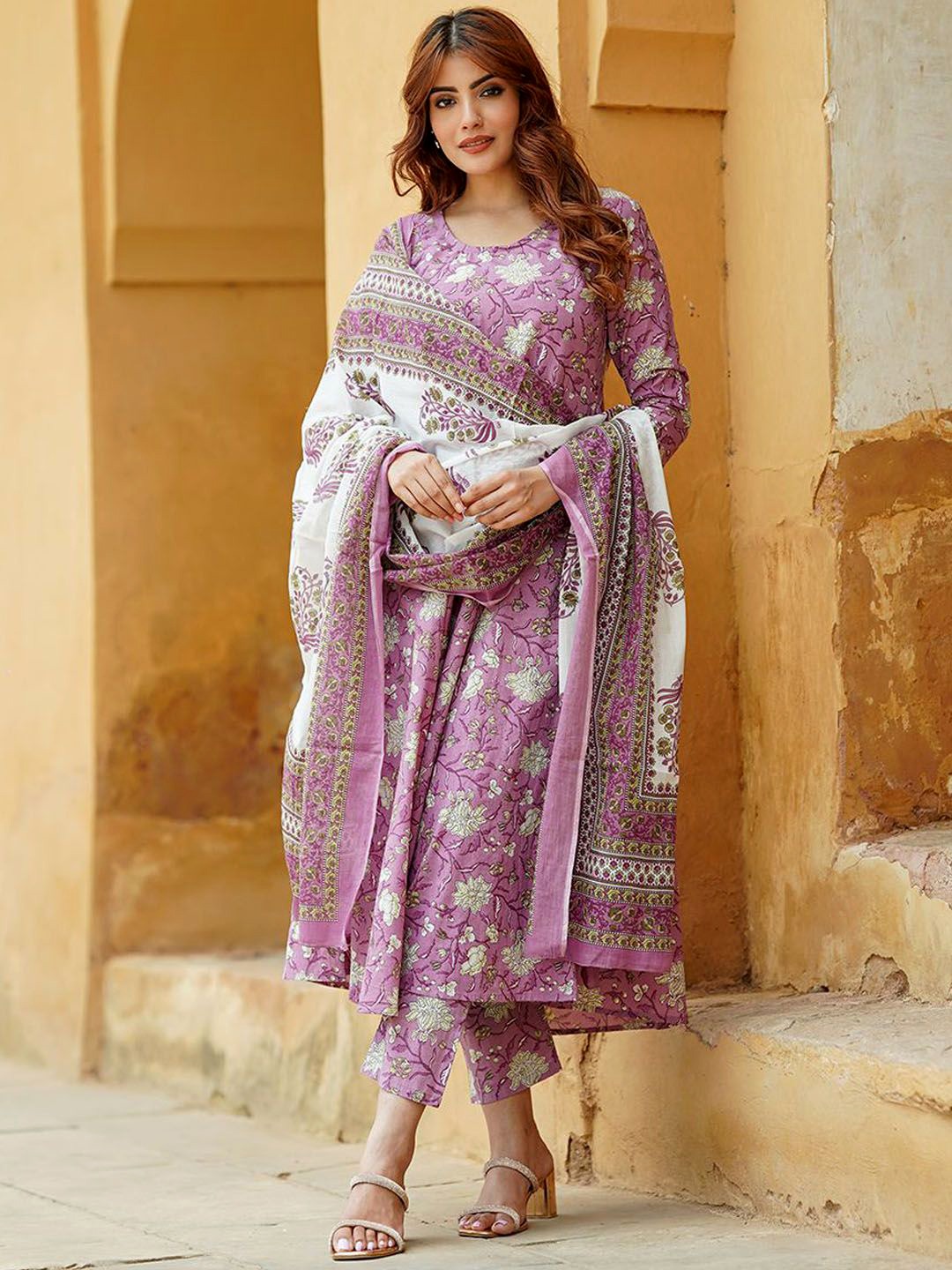 Lavender Rayon Printed Kurti Pant Dupatta Set
