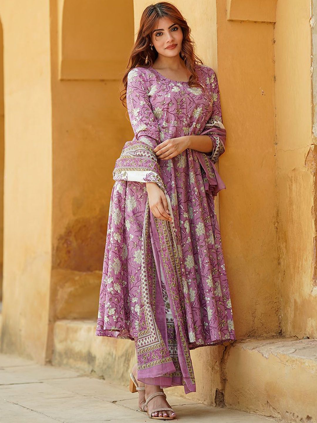 Lavender Rayon Printed Kurti Pant Dupatta Set
