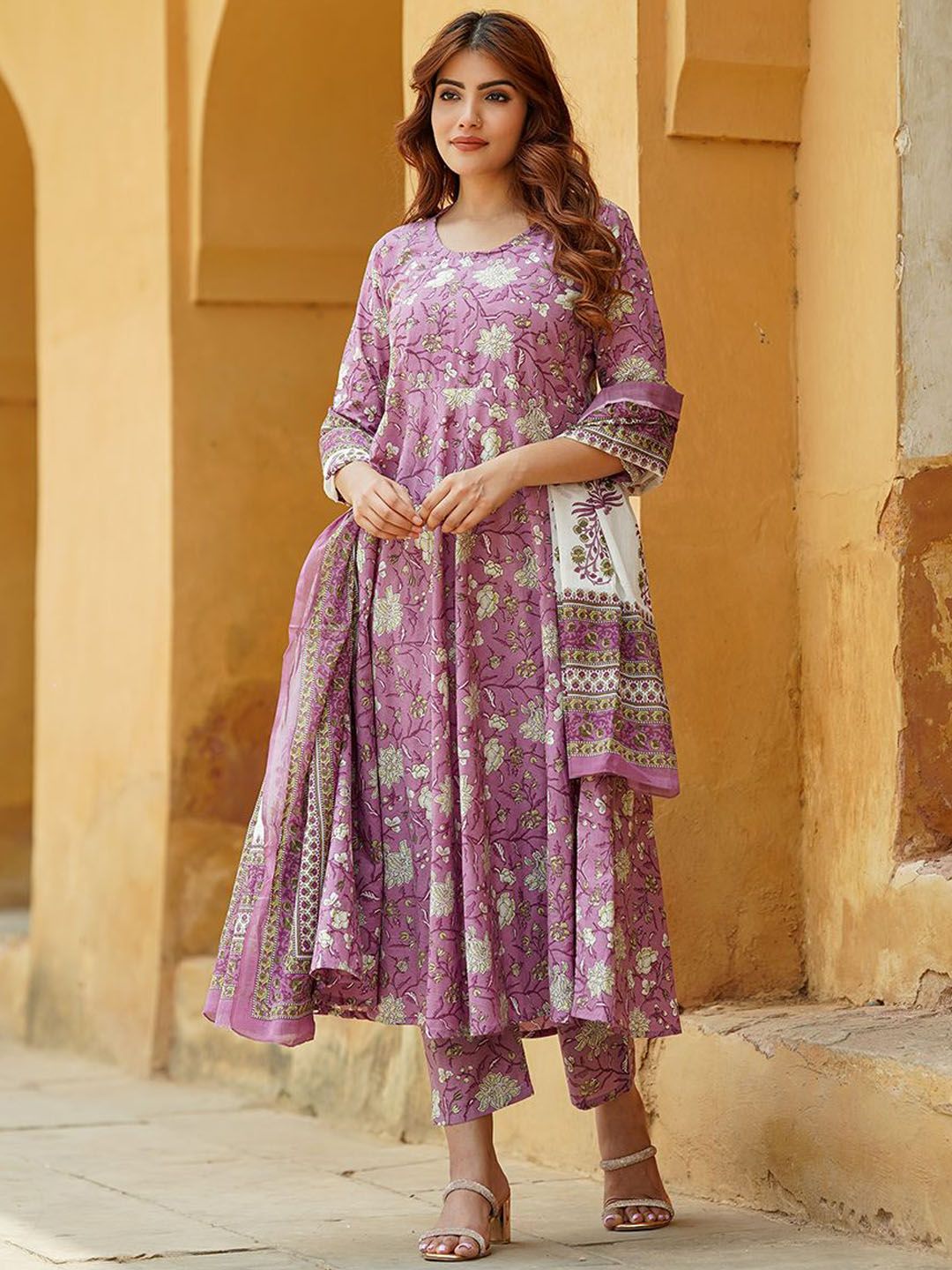 Lavender Rayon Printed Kurti Pant Dupatta Set