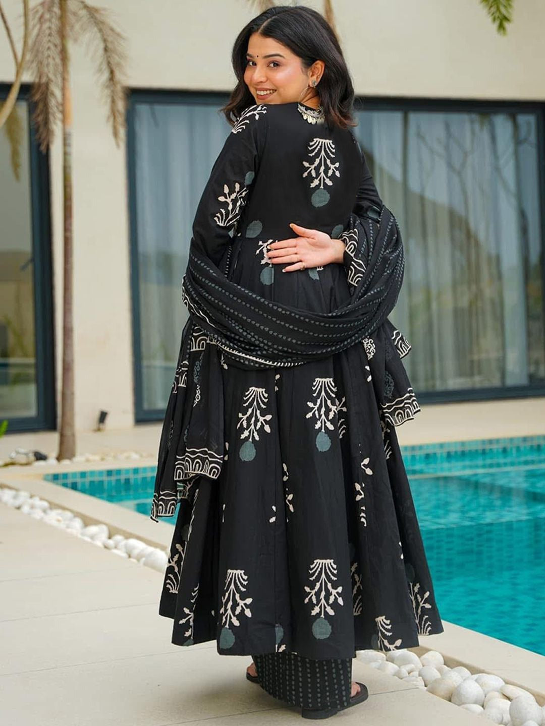 Black Rayon Printed Kurti Pant Dupatta Set
