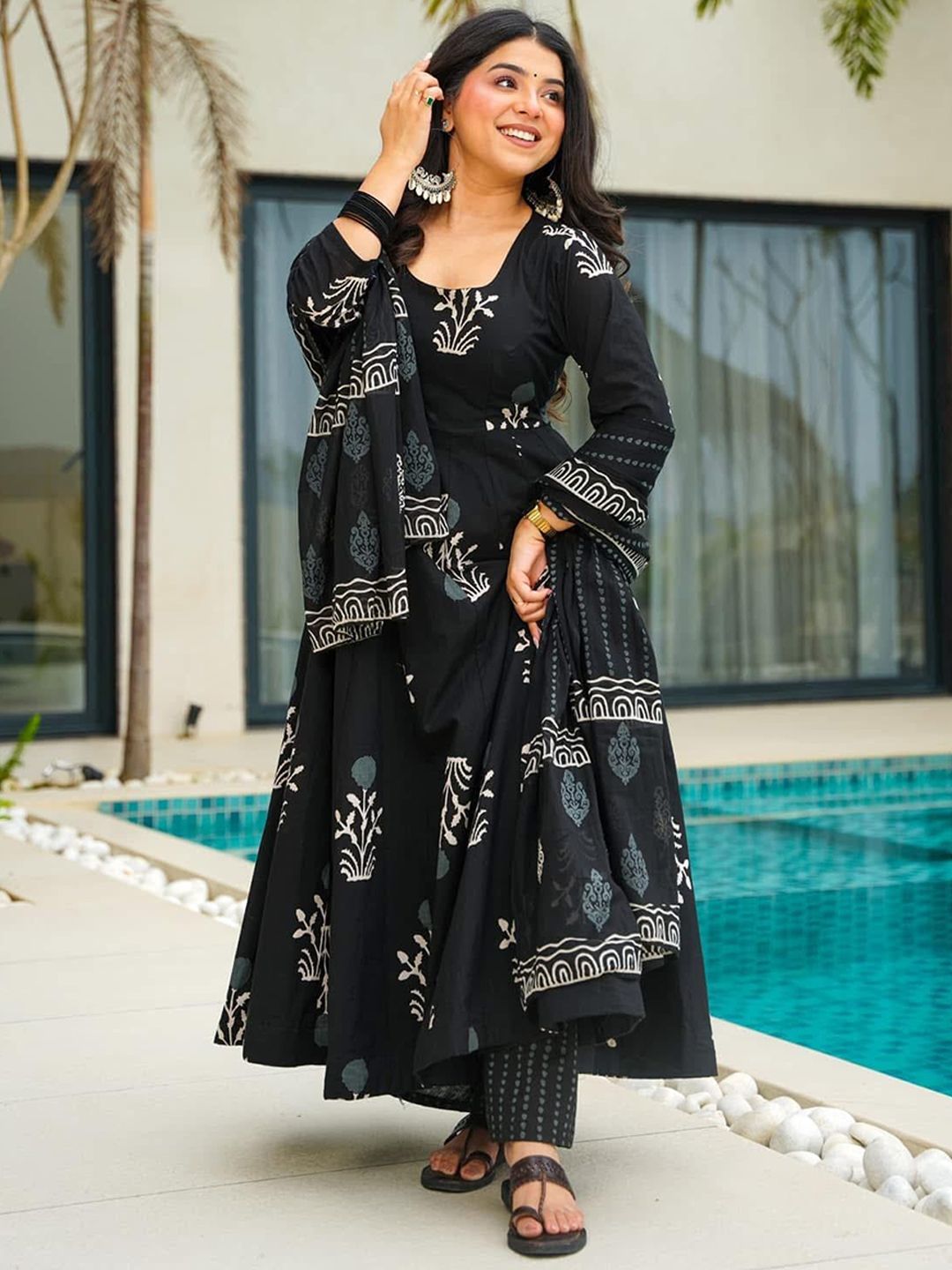 Black Rayon Printed Kurti Pant Dupatta Set