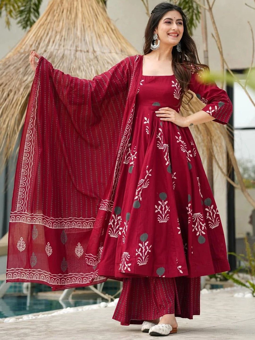 Maroon Rayon Printed Kurti Pant Dupatta Set