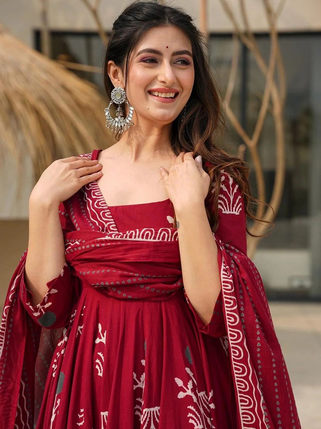Maroon Rayon Printed Kurti Pant Dupatta Set