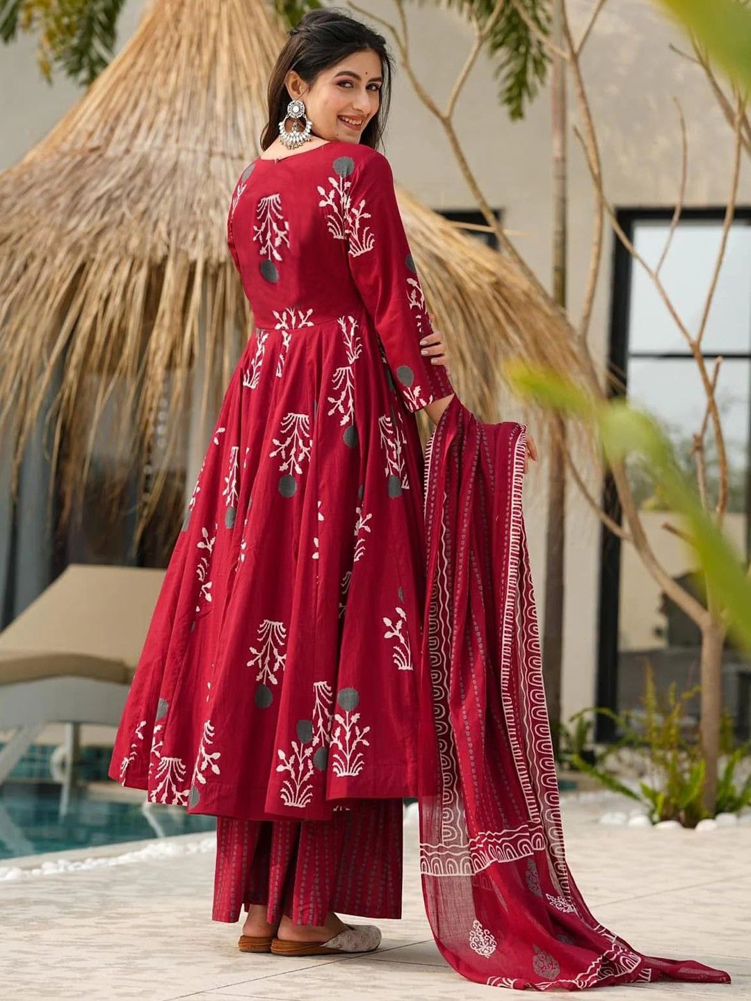 Maroon Rayon Printed Kurti Pant Dupatta Set