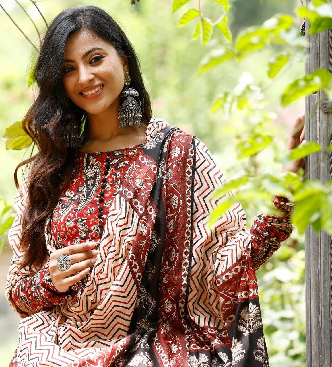 Maroon Rayon Printed Kurti Pant Dupatta Set