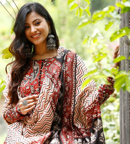 Maroon Rayon Printed Kurti Pant Dupatta Set