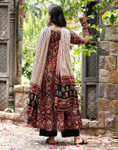 Maroon Rayon Printed Kurti Pant Dupatta Set