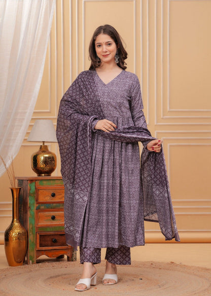 Purple Rayon Printed Kurti Pant Dupatta Set
