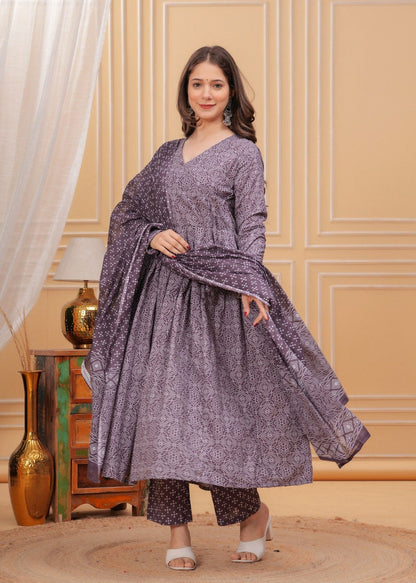 Purple Rayon Printed Kurti Pant Dupatta Set