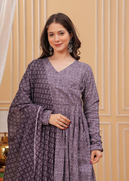 Purple Rayon Printed Kurti Pant Dupatta Set