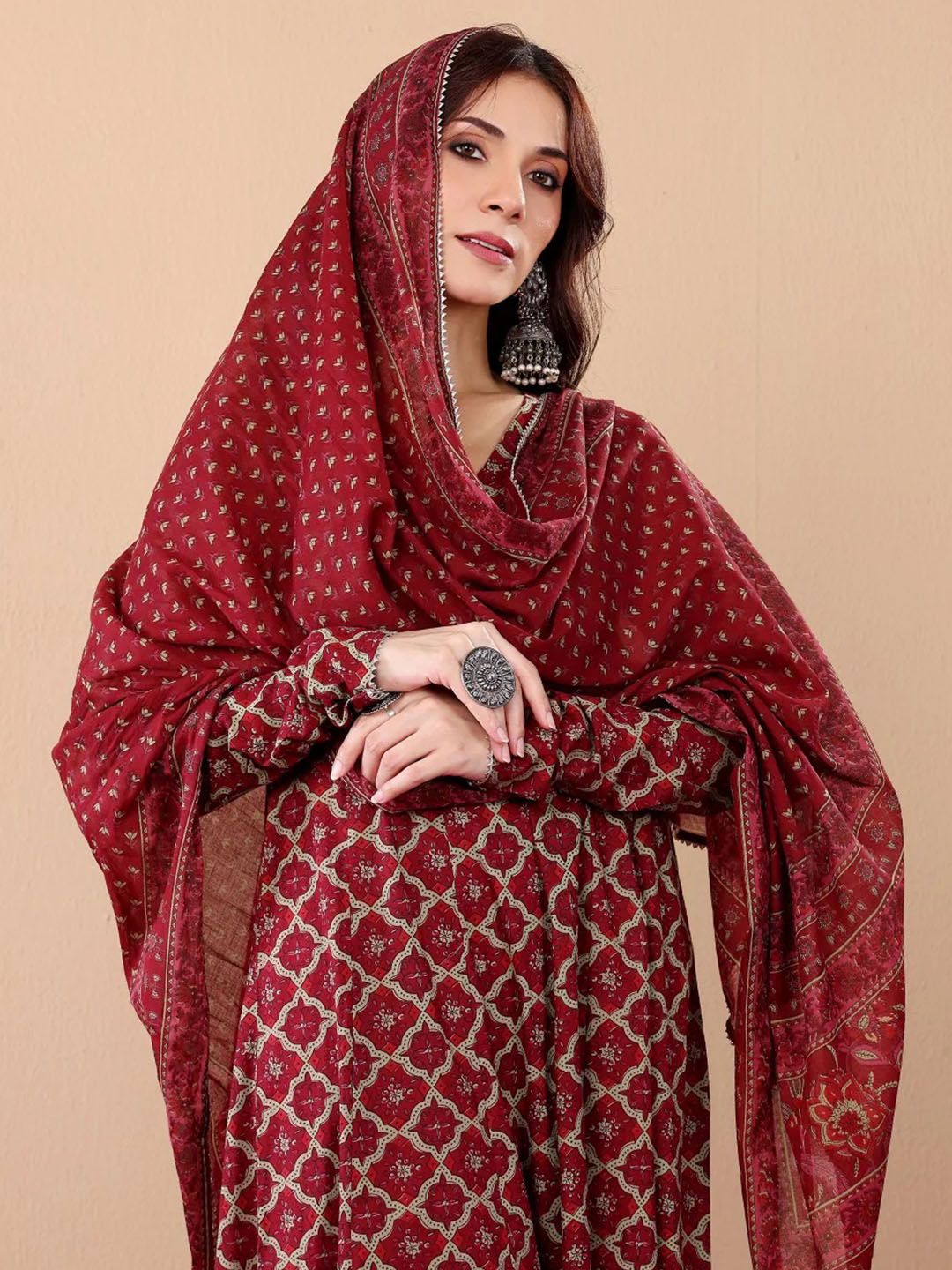 Maroon Rayon Printed Kurti Pant Dupatta Set